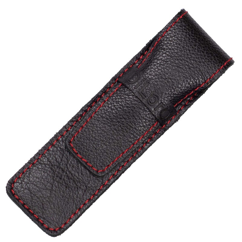 DiLoro Full Grain Leather Single Pen Case Holder Pouch Pencil Organizer (Buffalo Black w Red) - Image 3